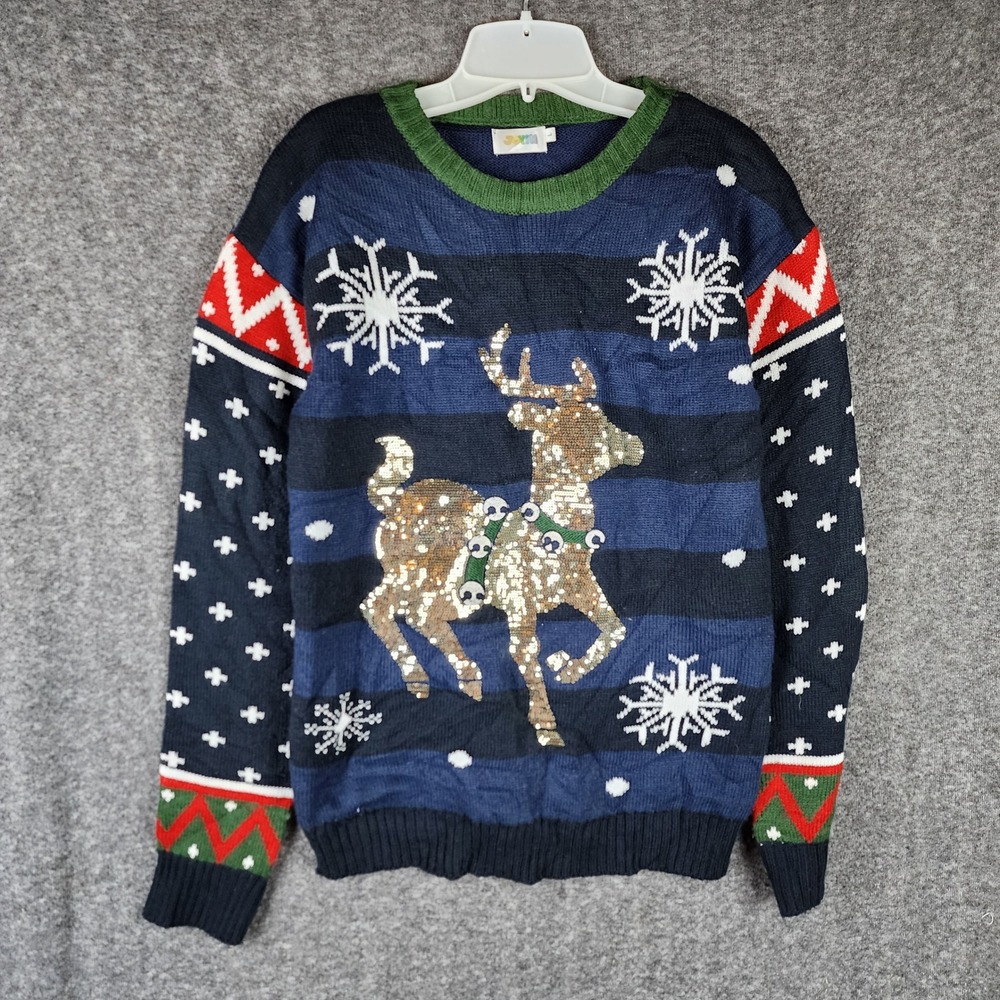Joyin Sweater Womens L Ugly Christmas Reindeer Navy Blue Sequined EUC